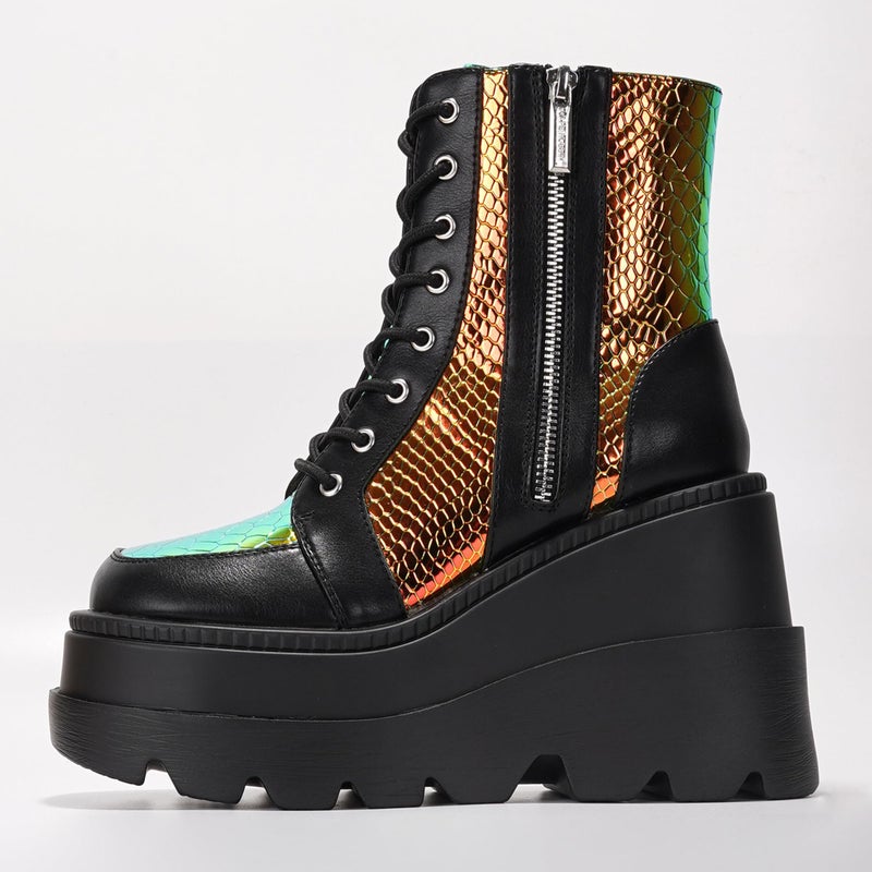 Cape Robbin Holographic Platform Ankle Boots for Women Chunky Block Heels Pointed Toe PU Leather with Buckle Strap Retro Futuristic Style (Radio) - Black Size 6 - Image 4